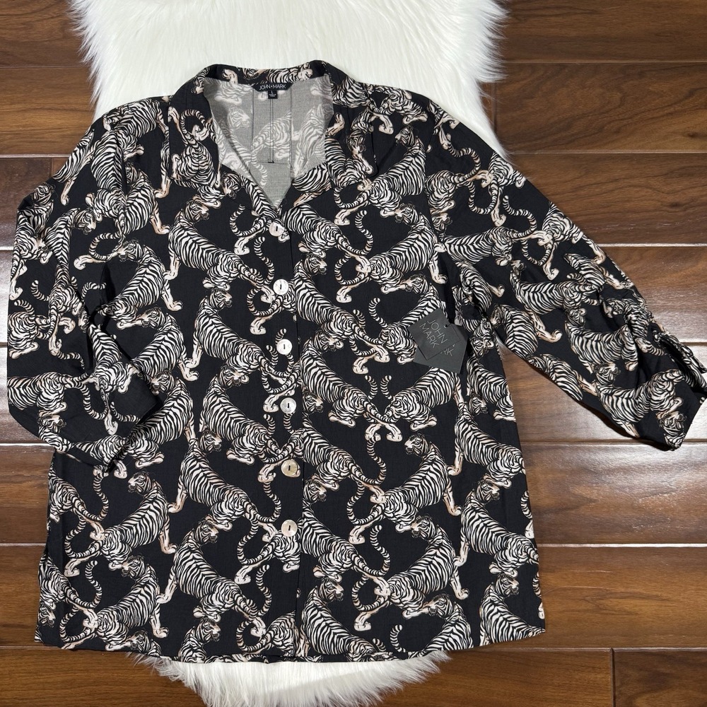John Mark Women's Size Large Tiger Print Button Up Cinched Sleeve Shirt Top
